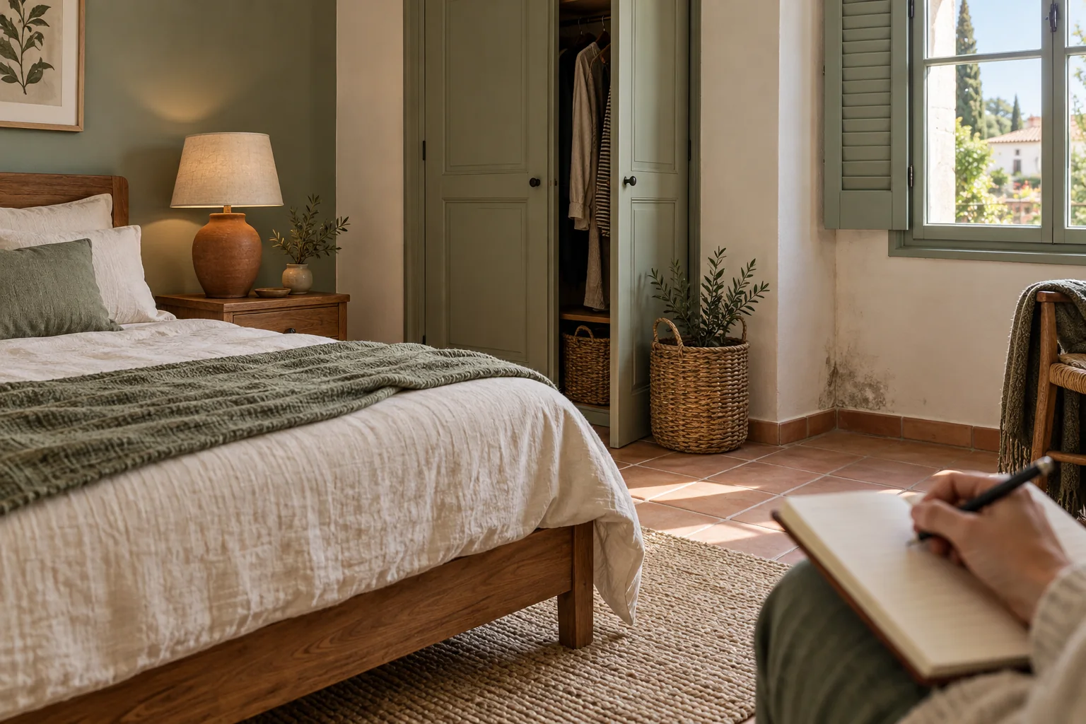 AI illustration of a lived-in bedroom with a small damp corner being recorded