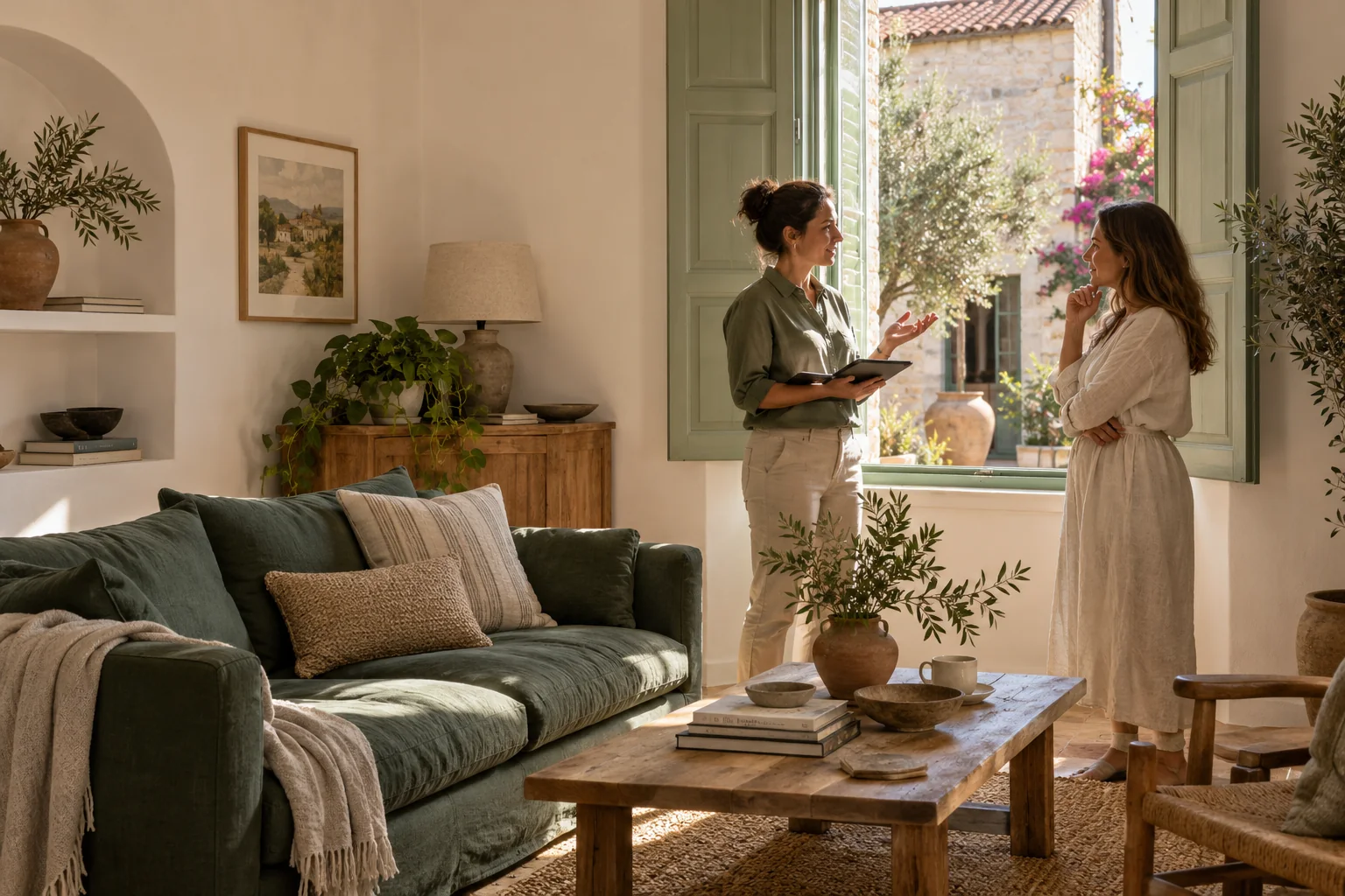 AI illustration of a warm Cyprus living room and a home care conversation